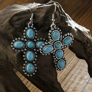 NEW Pair of BOHO turquoise cross dangle earrings, turquoise cross jewelry